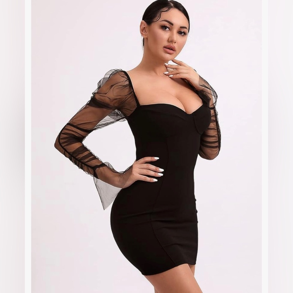 New in Bag L'VOW Black See-Thru Mesh Puff Long Sleeve Bodycon Dress Size Large